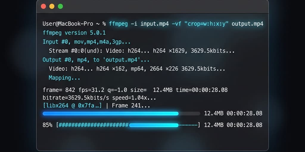 A sleek Terminal window showing a successful FFmpeg crop command execution with a stylized blue progress bar and code syntax highlighting