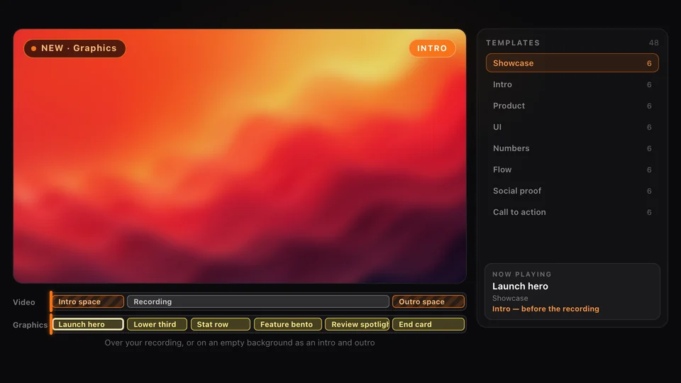 One project from start to finish: a launch opener as the intro, a lower third and a stat row over the recording, a feature grid and a customer quote over a blurred recording, then an end card as the outro