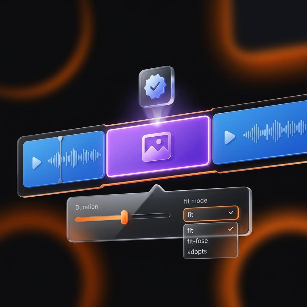 Timeline showing a purple image segment between two blue recording segments, with properties panel open