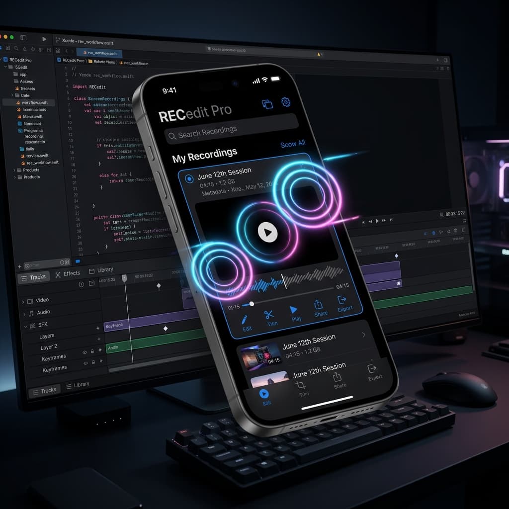 Screenify Studio's premium dark dark-mode workspace displaying an elegant iPhone 3D mockup with floating touch ripples