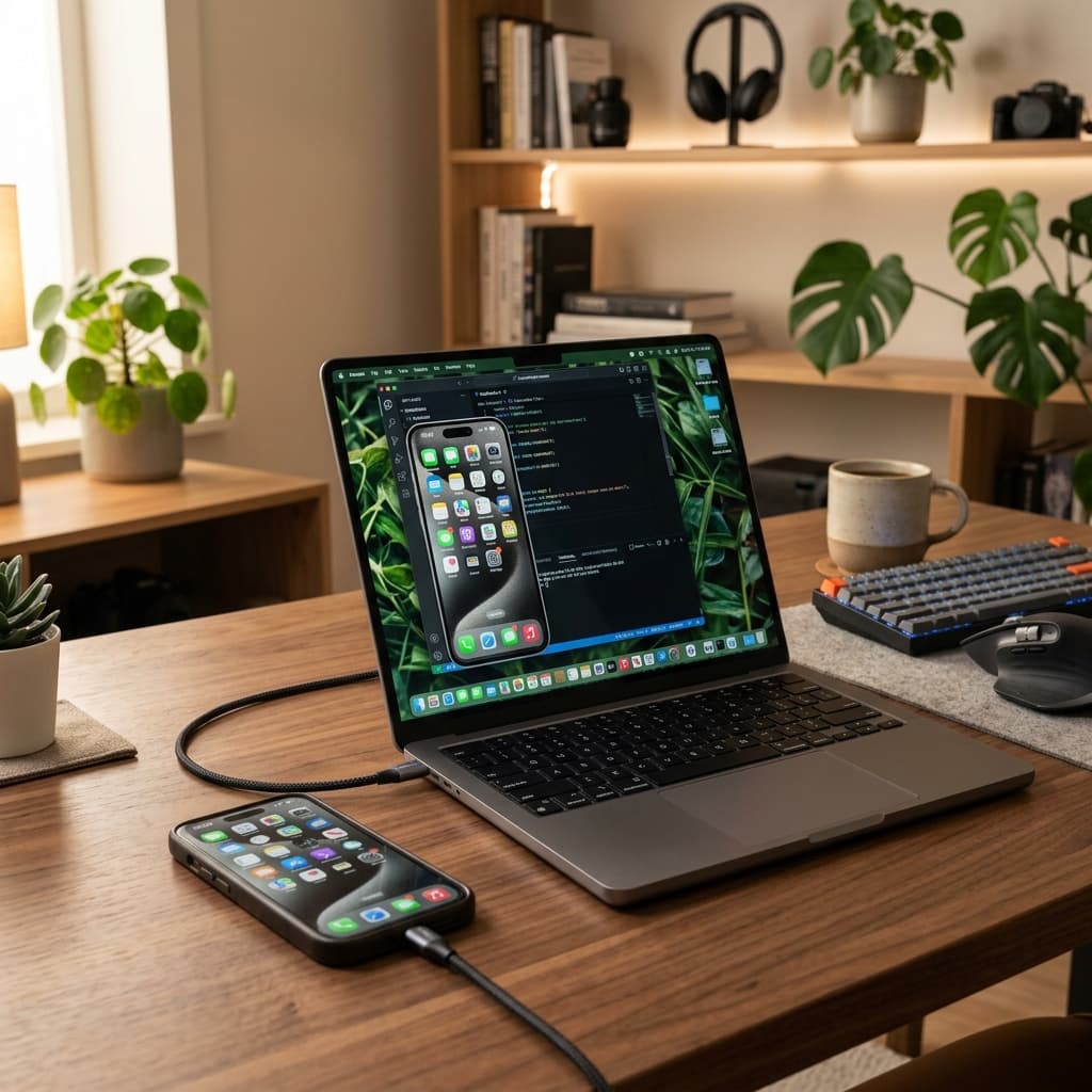 A real connected iPhone USB recording setup using the transparent Live Mirror window overlay