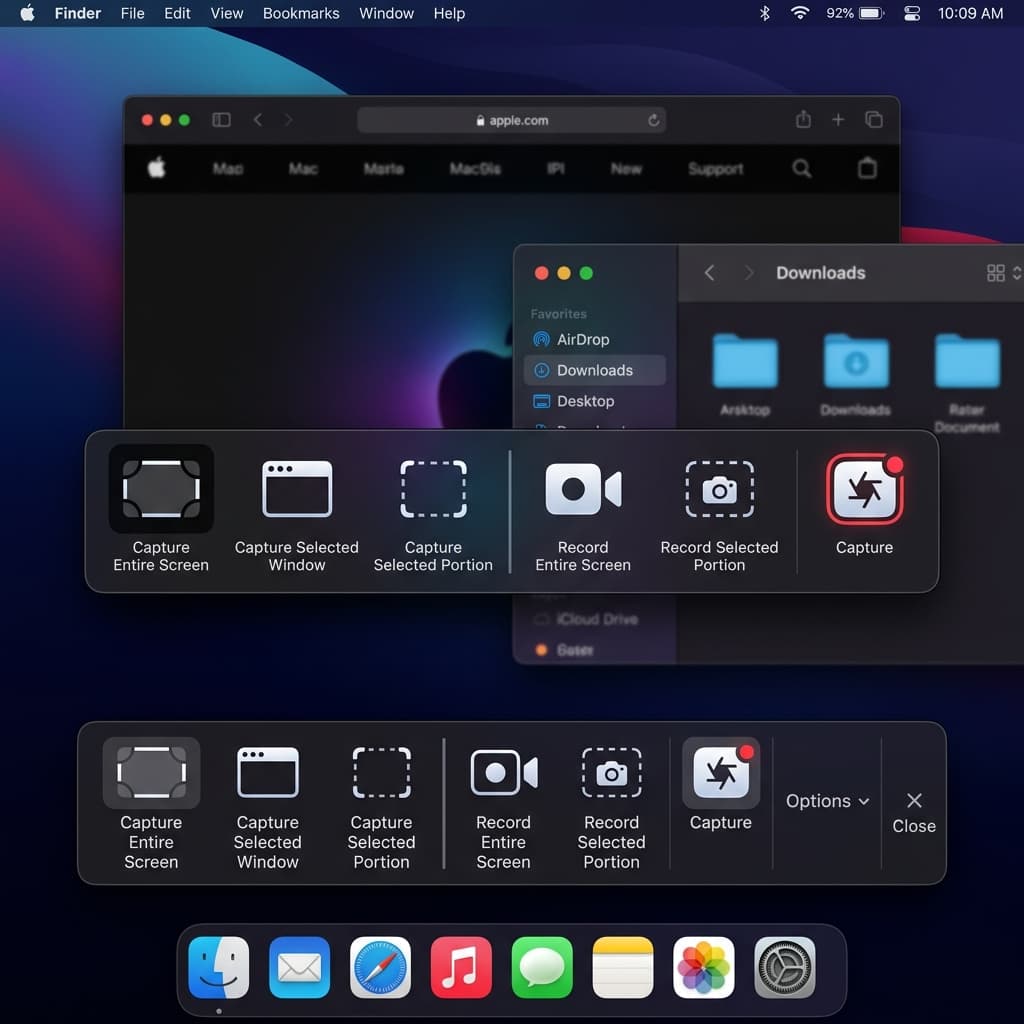 macOS Screenshot toolbar floating on a MacBook Air displaying recording options and regions