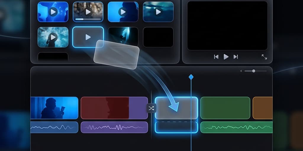 iMovie Mac interface showing multiple video clips in the media browser being dragged onto the main editing timeline sequence