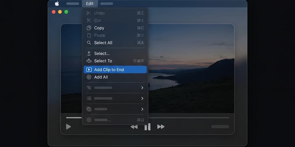QuickTime Player on Mac with the Edit menu open highlighting the Add Clip to End option over a video preview