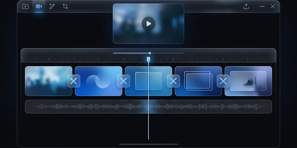 Screenify Studio timeline showing multiple color-coded video segments joined together with blue transition icons in the editor