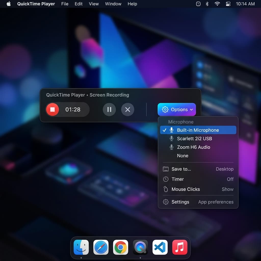QuickTime Player interface showing microphone options menu for standard screen recording workflows