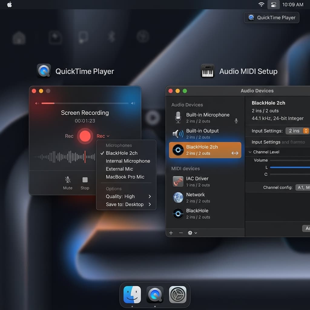 QuickTime Player recording toolbar configured with BlackHole Audio