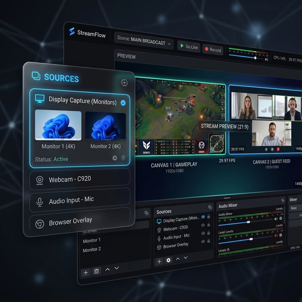 OBS Studio broadcasting software interface with a complex streaming setup and audio meters