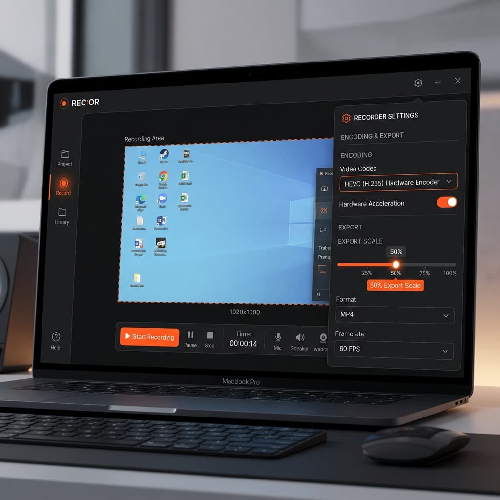 Screenify Studio modern screen recording interface displaying high resolution options in the export settings