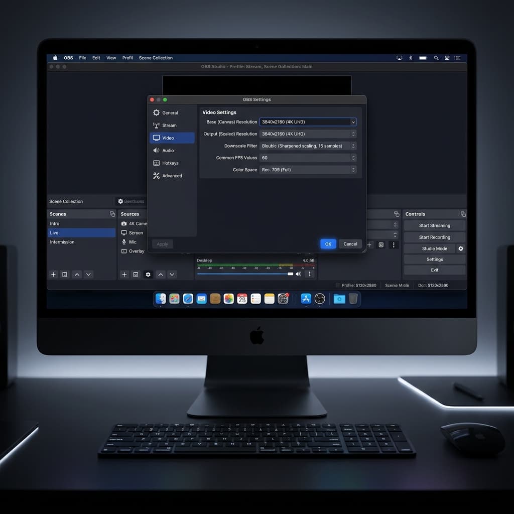 OBS Studio Video Settings panel on a Mac showing Base and Output resolution set to 3840x2160