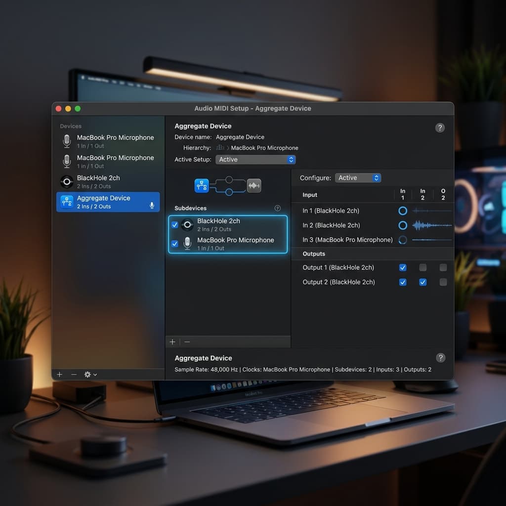 macOS Audio MIDI Setup window showing an Aggregate Device combining BlackHole and a microphone