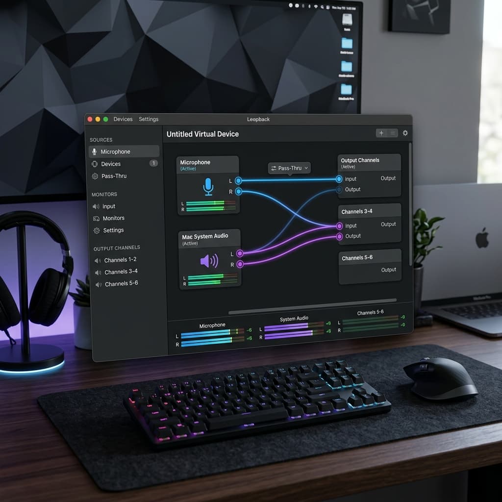 Loopback app interface showing a visual routing of microphone to channels 1-2 and system audio to channels 3-4