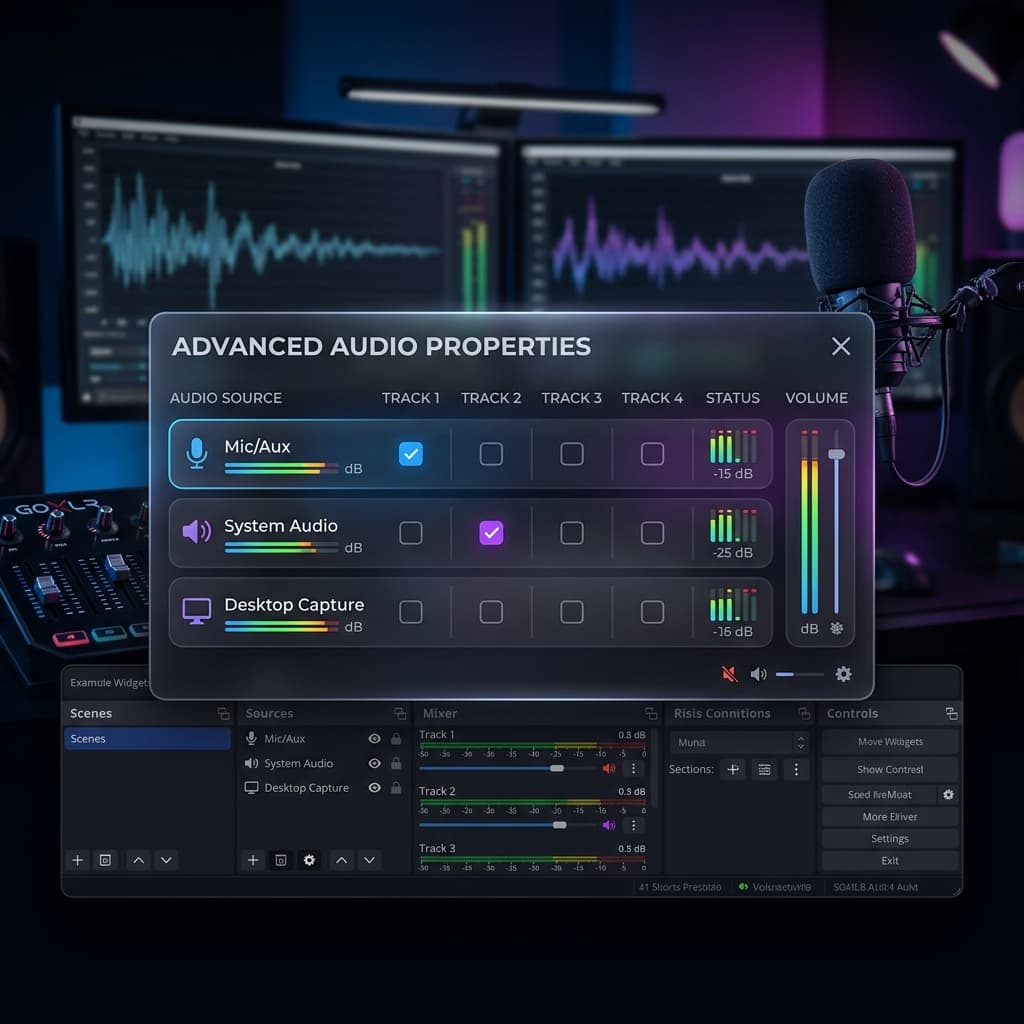 OBS Studio interface detailing the audio mixer pane set up for high-quality voiceover routing