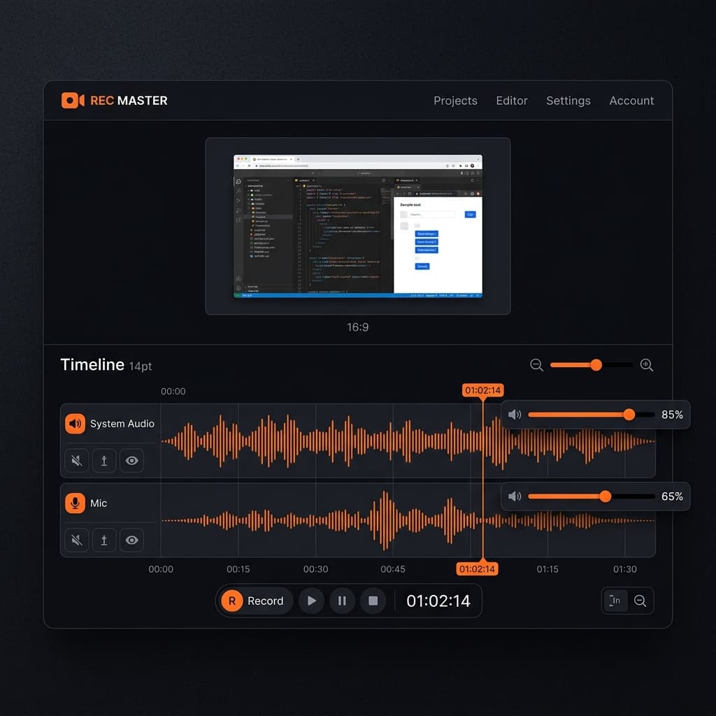 Screenify Studio interface showing independent microphone and system audio tracks in the editor timeline