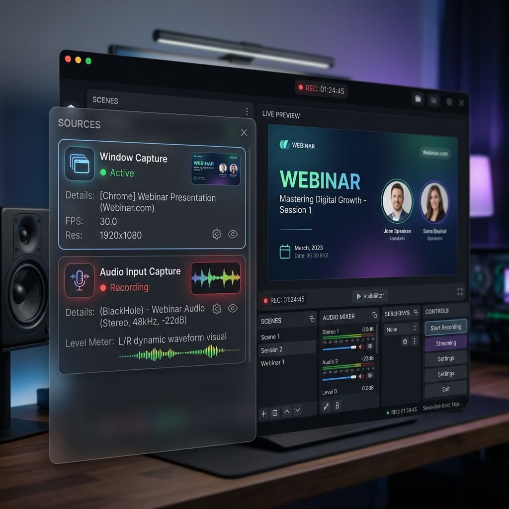 OBS Studio interface showing Window Capture and Audio Input Capture sources configured for a webinar