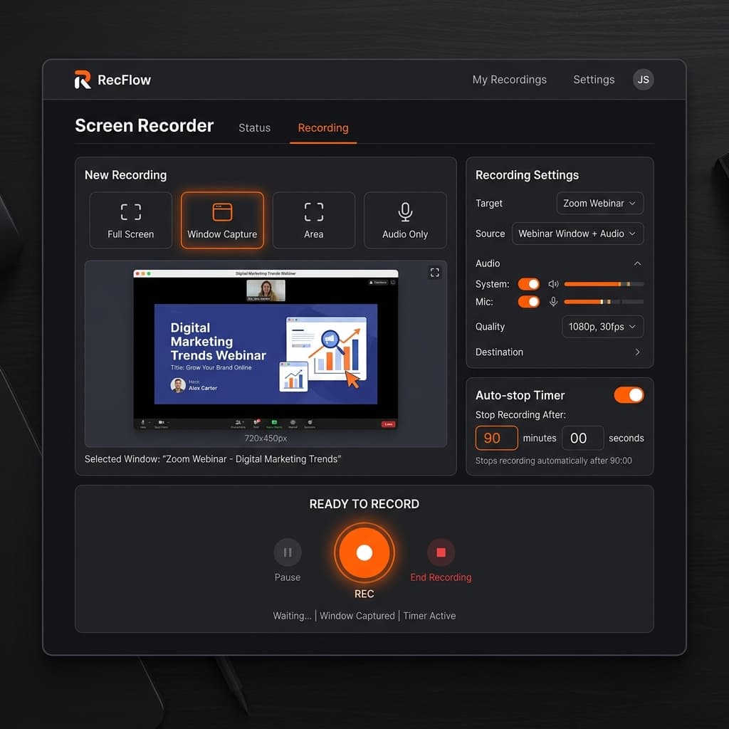 Screenify Studio interface setup for recording a webinar window with an auto-stop timer