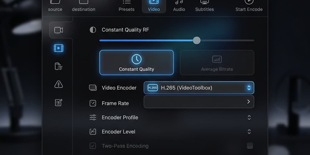 HandBrake Mac interface showing the Video tab with H.265 VideoToolbox encoder and Constant Quality RF slider selected