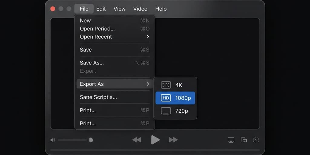 QuickTime Player on Mac with the File menu open showing Export As resolution options including 4K, 1080p, and 720p