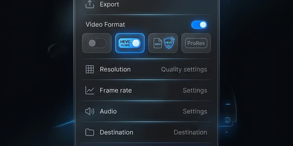 Screenify Studio export settings panel with the HEVC H.265 toggle highlighted for high-efficiency compression
