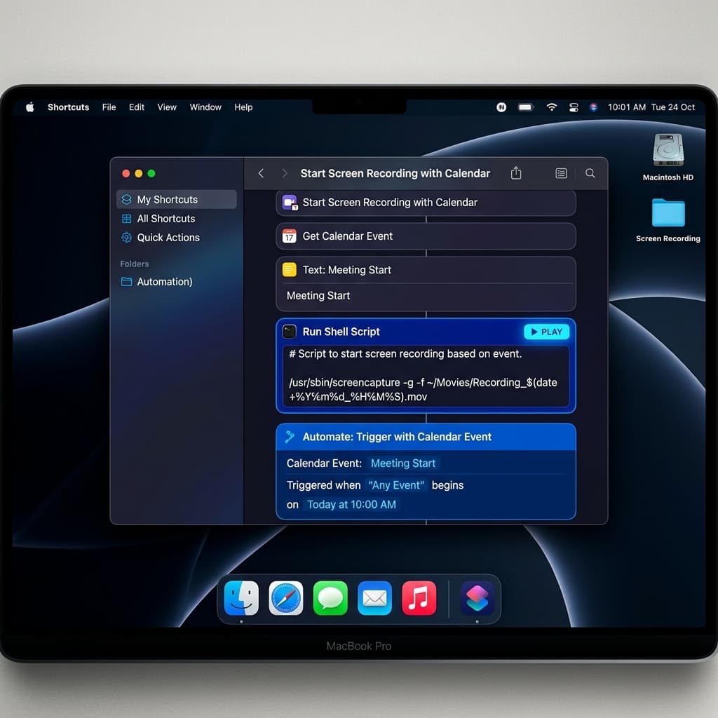 Apple Shortcuts interface showing a custom shortcut with a shell script action triggered by Calendar