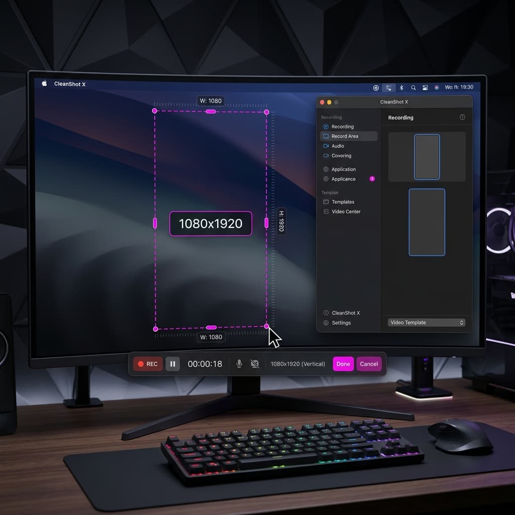 CleanShot X Record Area tool dragging a tall rectangular selection with a live pixel dimension tag of 1080x1920