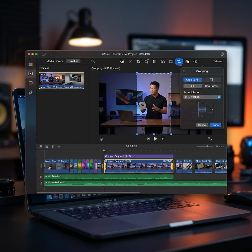 Apple iMovie editor interface showing the Cropping tool being applied to a wide screen recording to create a 9:16 slice