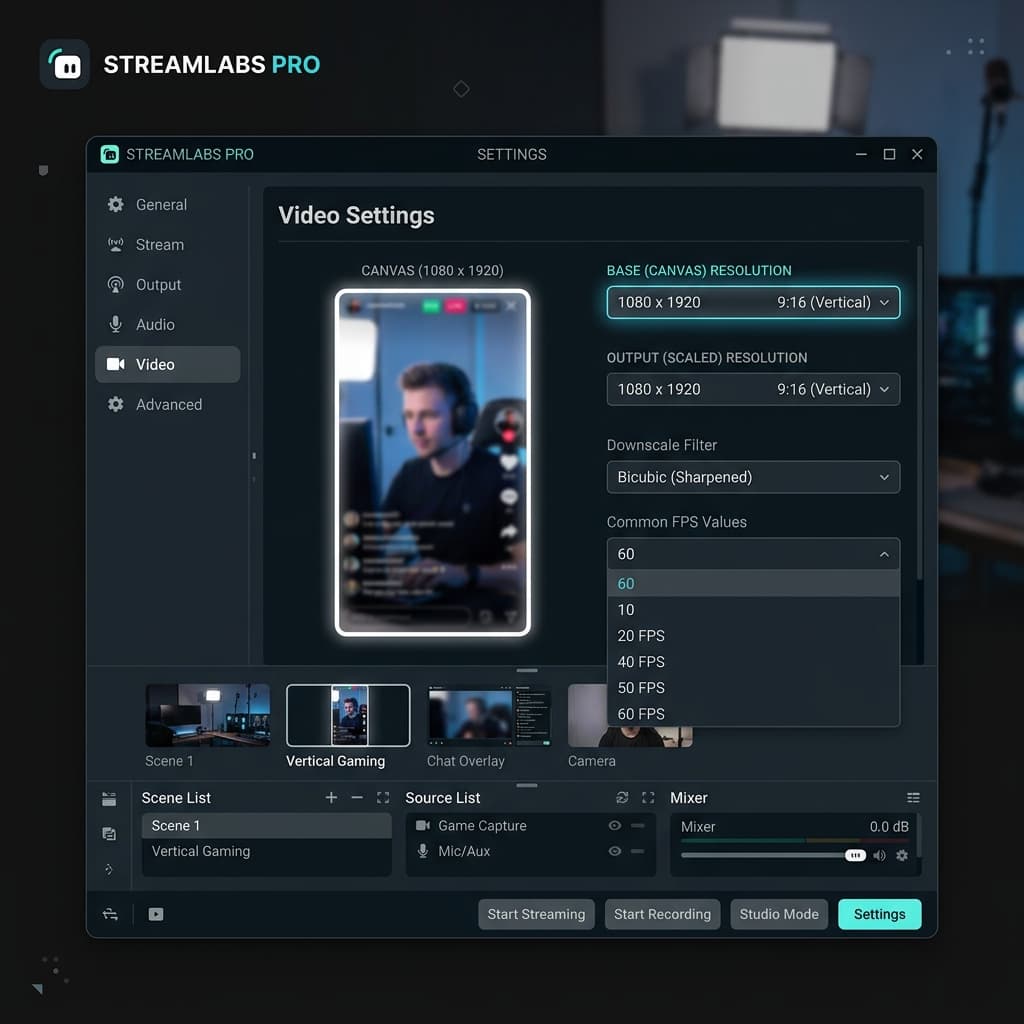 OBS Studio Video settings panel showing Base and Output resolution configured for 1080x1920 vertical format