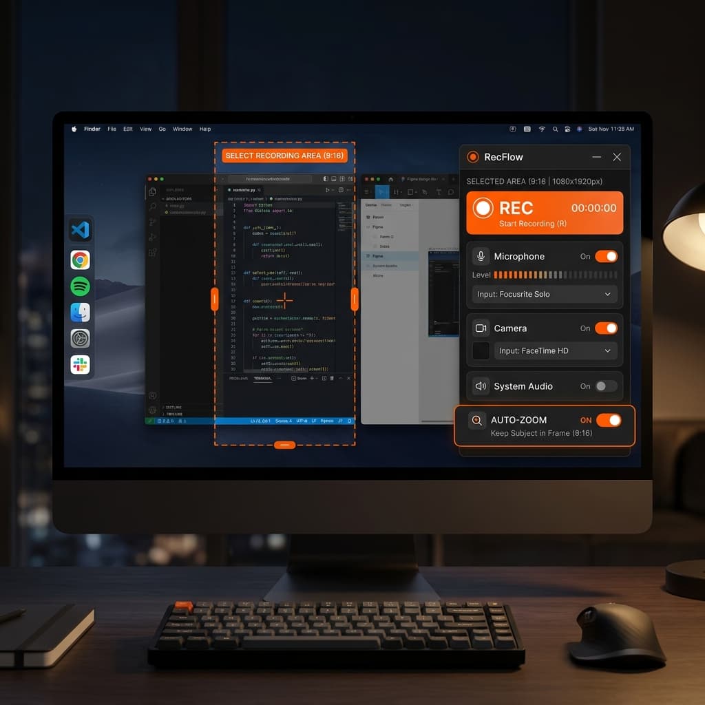 Screenify Studio interface showing a 9:16 vertical crop area being selected with Auto-Zoom active