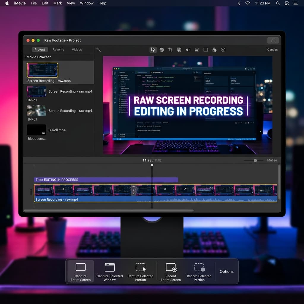 macOS native Screenshot floating toolbar and an Apple iMovie editor window over a blurred background