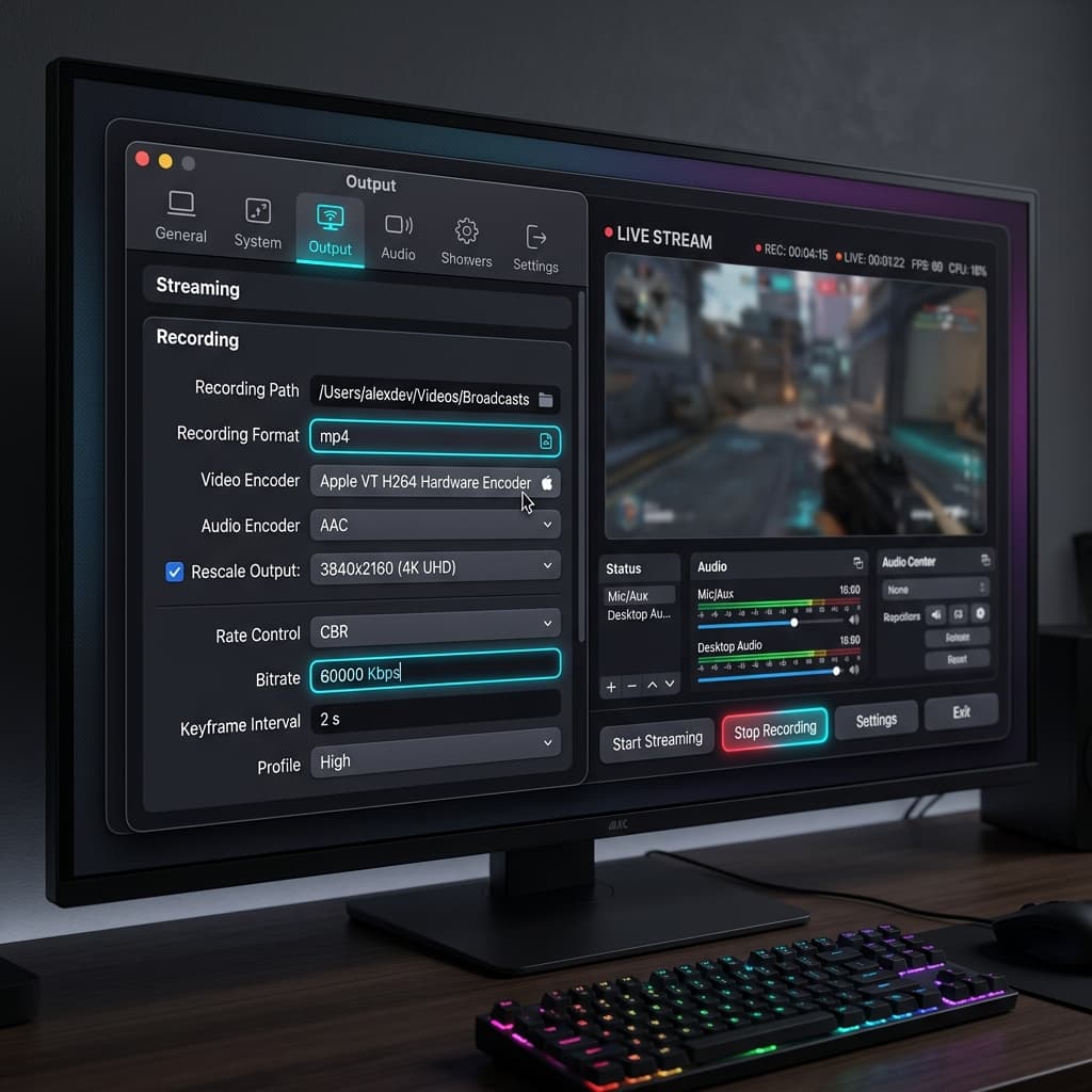 OBS Studio Output settings showing Apple VT H264 Hardware Encoder and 60000 Kbps bitrate