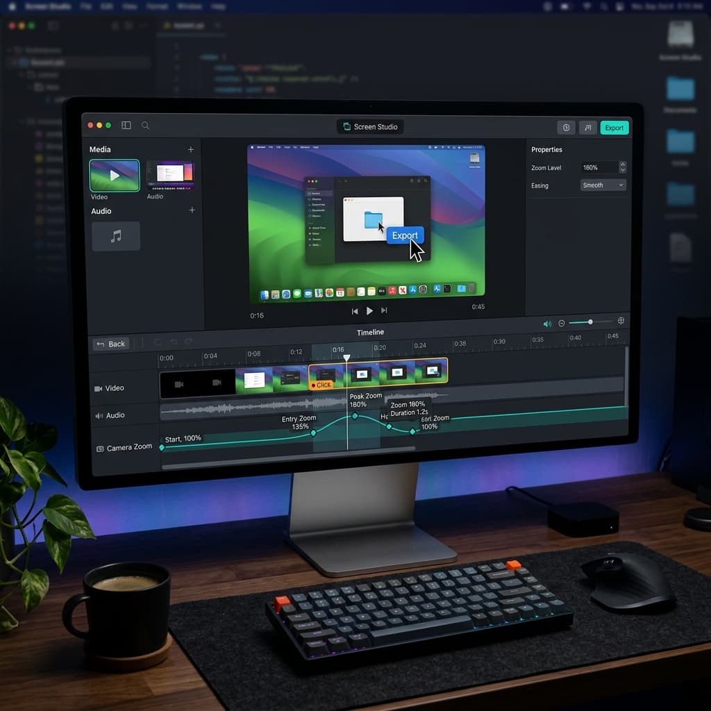 Screen Studio timeline interface showing auto-generated camera zoom keyframes around a mouse click event
