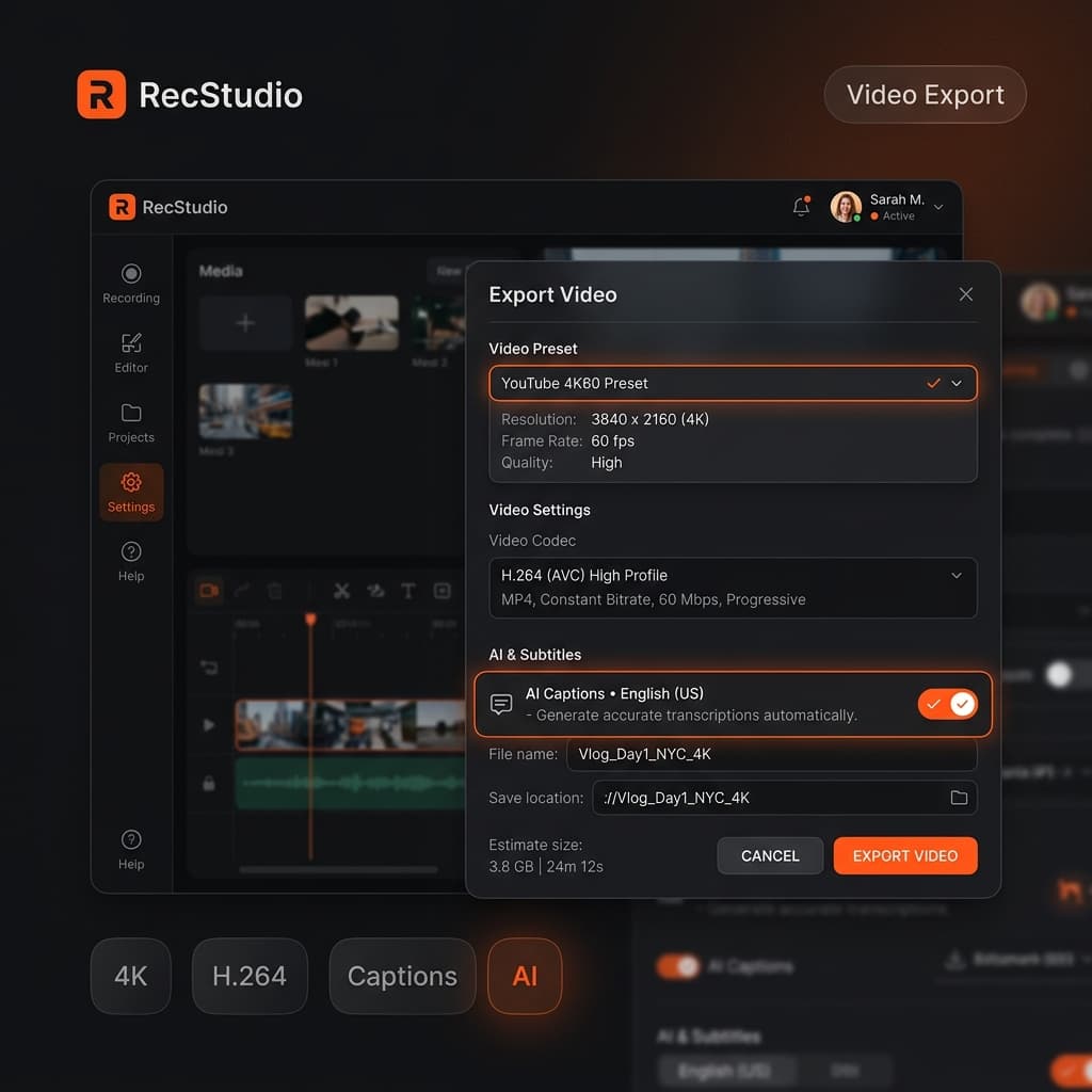 Screenify Studio Export Video settings panel with YouTube 4K60 preset and AI Captions configured