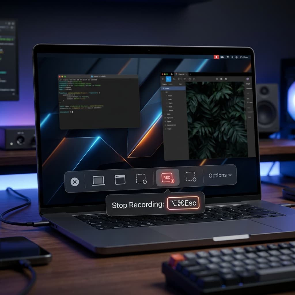 macOS Screenshot toolbar floating at the bottom with Option-Command-Esc highlighted as the stop recording shortcut