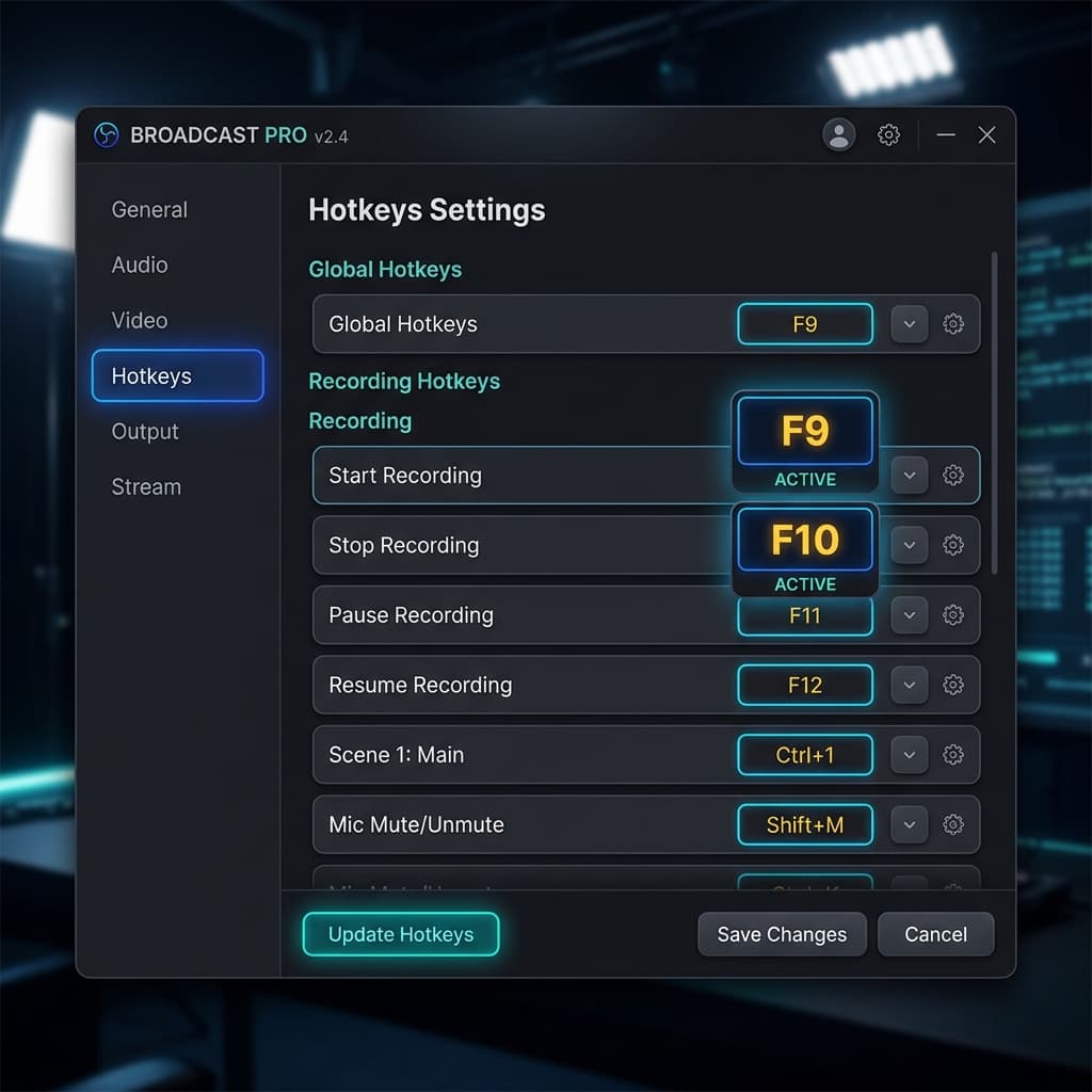 OBS Studio Hotkeys settings panel showing F9 assigned to Start Recording and F10 to Stop Recording