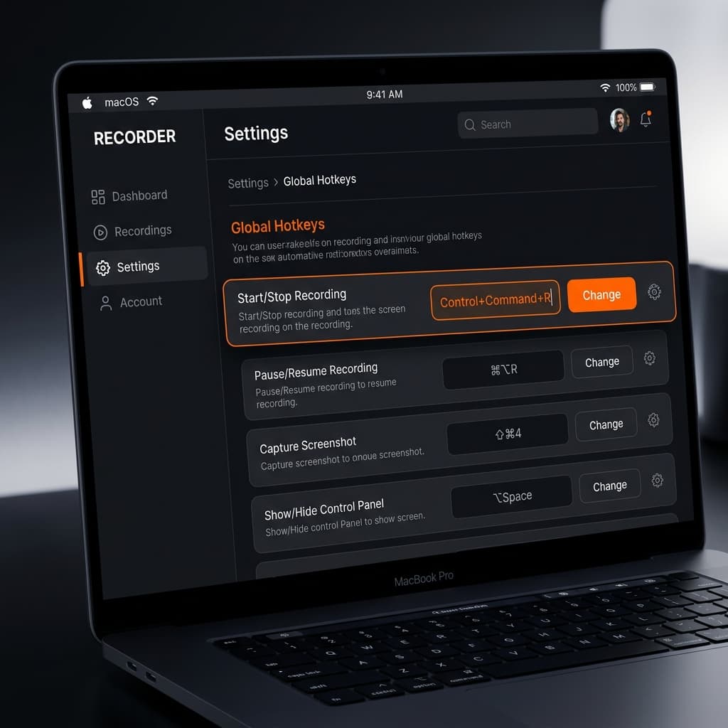 Screenify Studio global hotkeys configuration panel showing Control-Command-R assigned to toggle recording