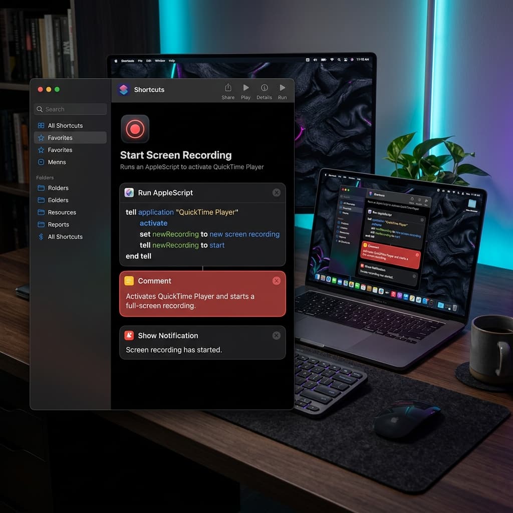 Apple Shortcuts app showing a custom macro named Start Screen Recording containing an AppleScript for QuickTime Player