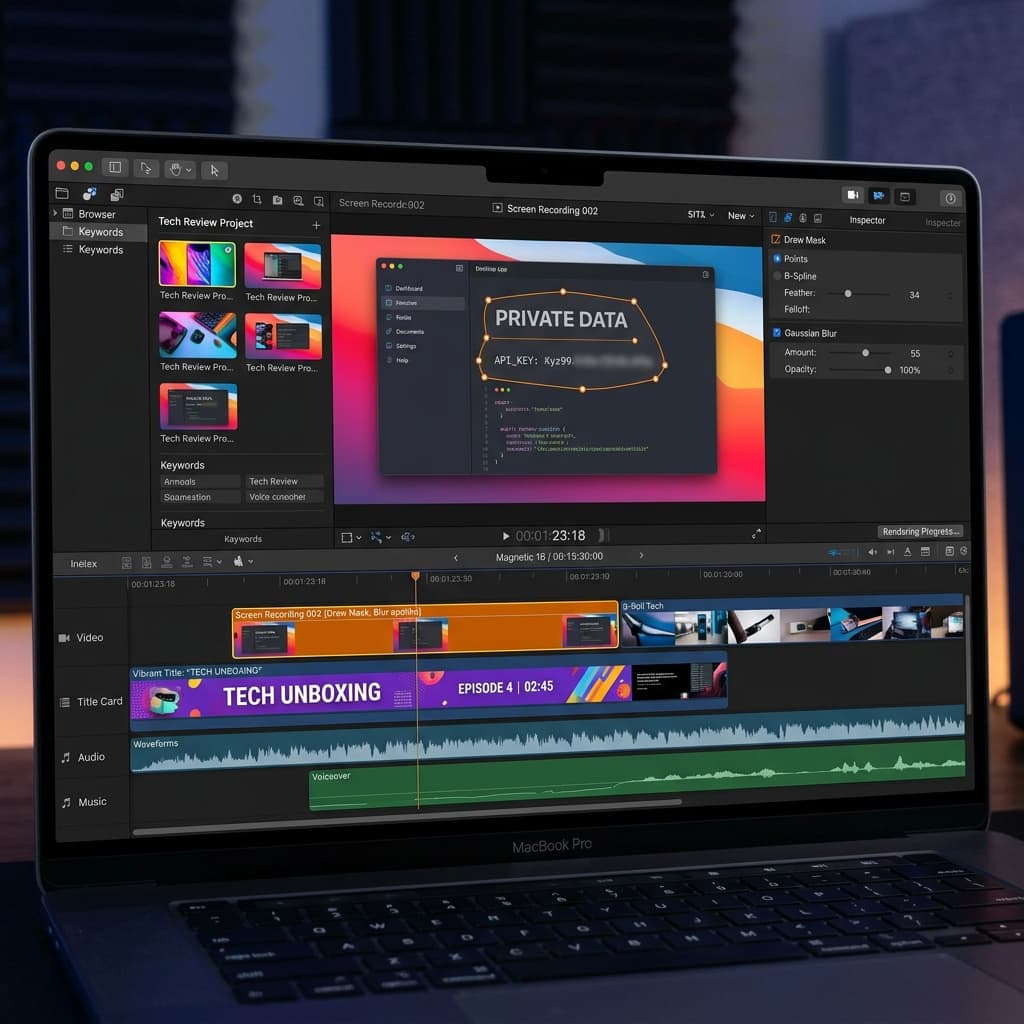 Apple Final Cut Pro Mac interface showing a video timeline with title cards and a Draw Mask tool blurring a region