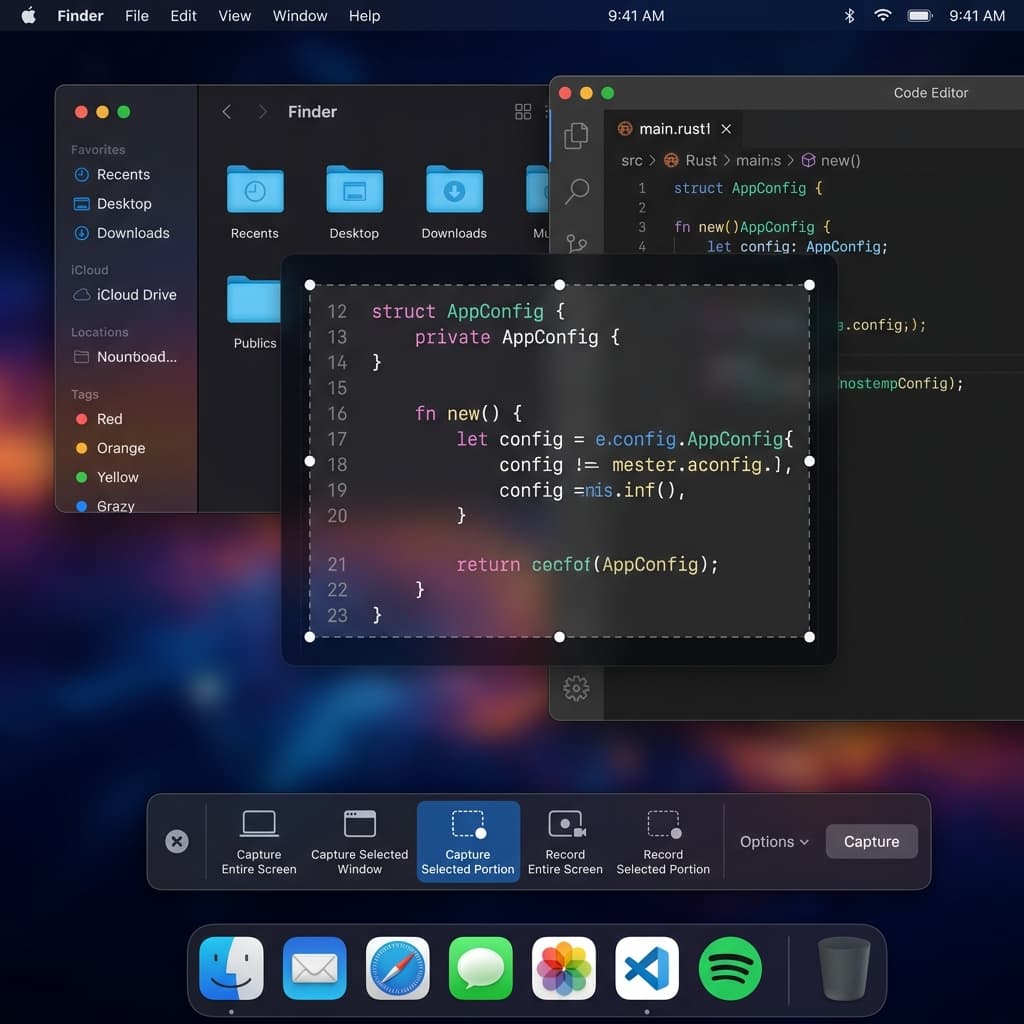 macOS Screenshot toolbar being used to capture a small efficient rectangular region of the screen