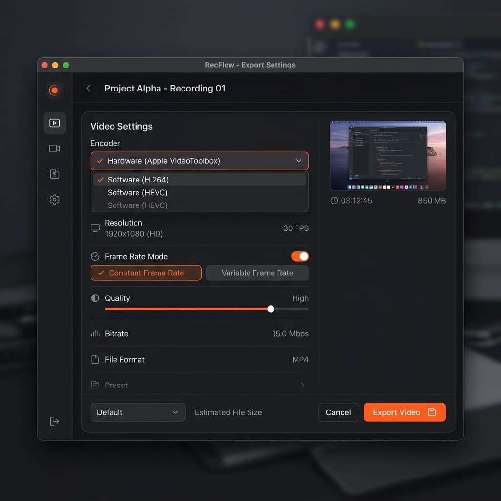Screenify Studio Video Export settings panel displaying Hardware Apple VideoToolbox encoder selected and Constant Frame Rate active