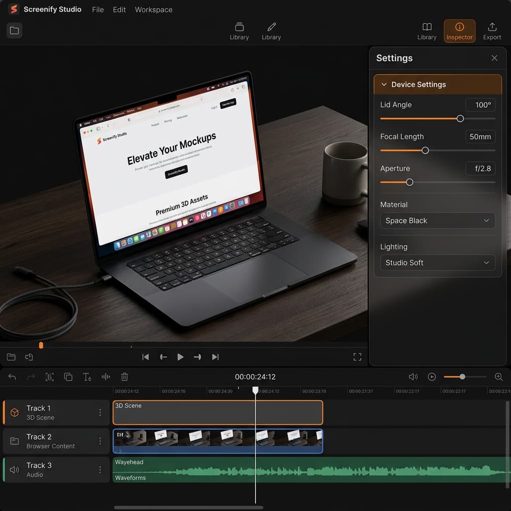 Screenify Studio's premium dark dark-mode workspace displaying the MacBook 3D device frame with an exploded layer properties panel