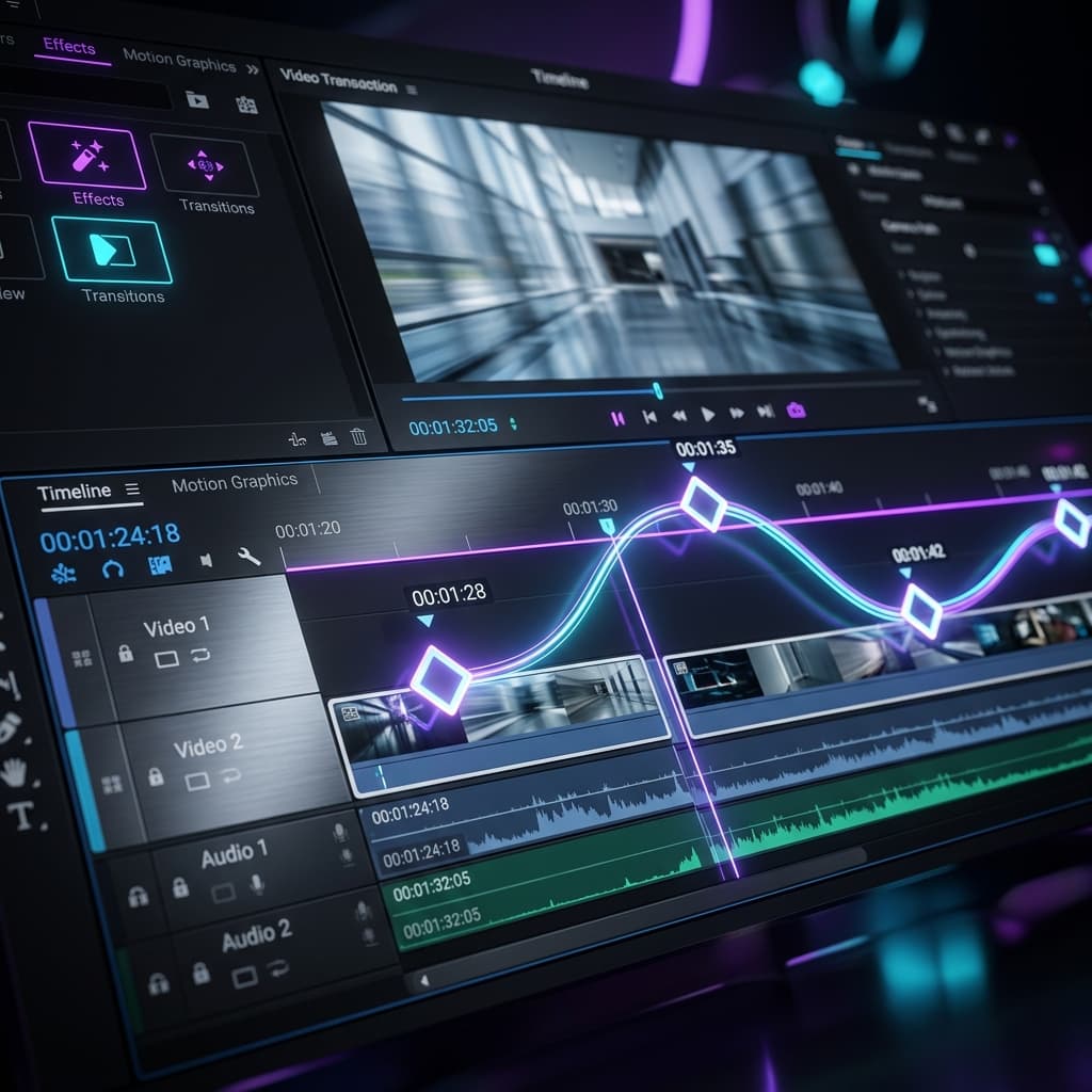 Main editor timeline showing a zoom segment with inline diamond keyframe markers and connection lines