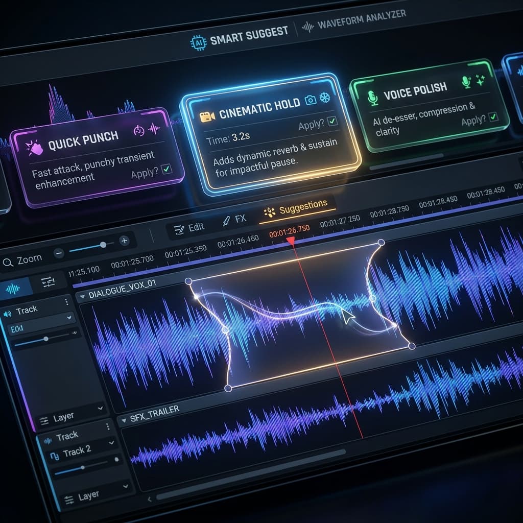 Storyboard timeline showing "AI Suggestion" badges appearing over specific moments in the recording data tracks