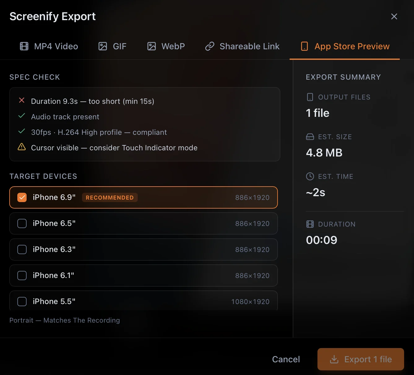 App Store Preview export in Screenify Studio with a spec check and target iPhone display sizes