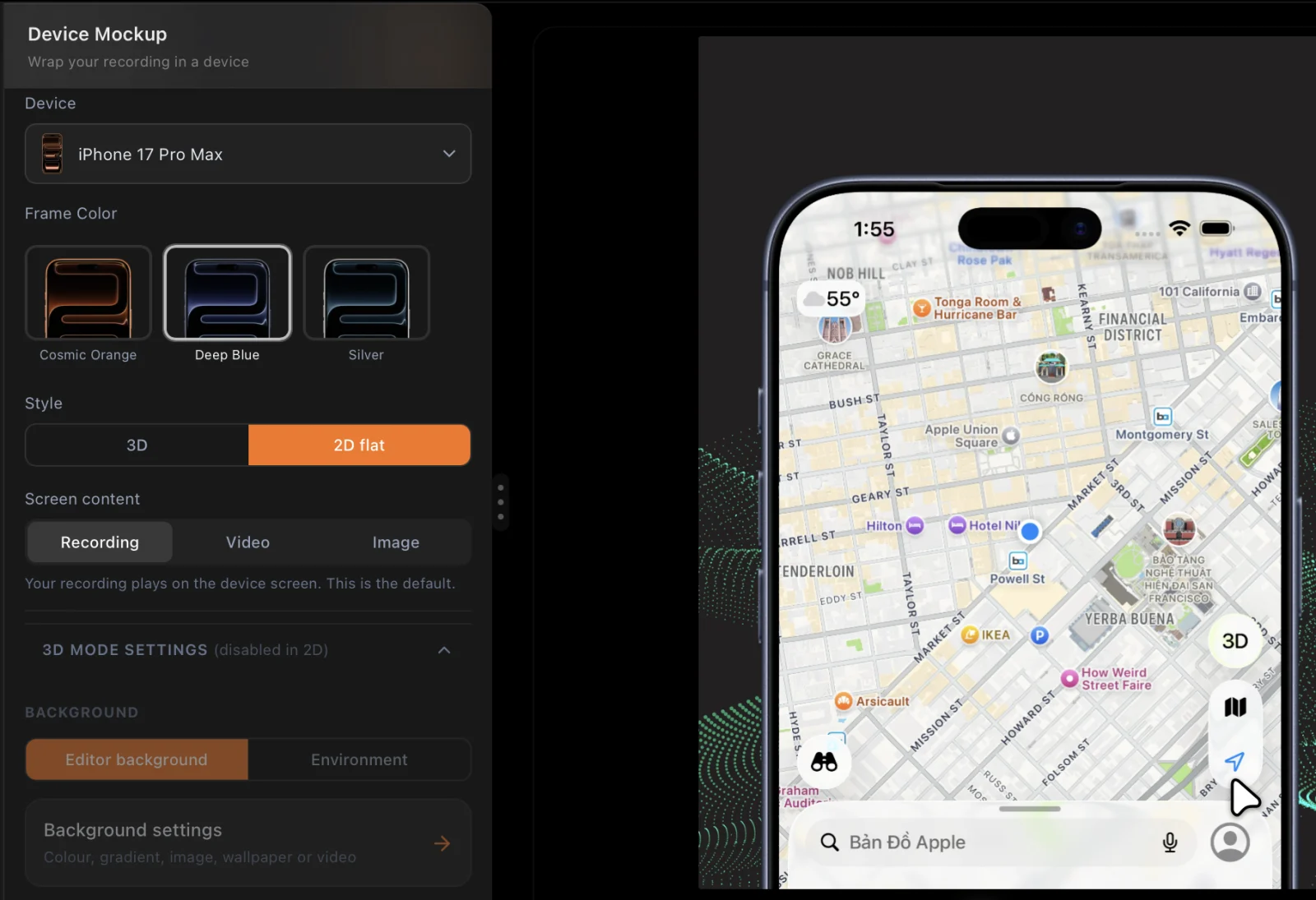 Screenify Studio Device Mockup panel: iPhone 17 Pro Max, Deep Blue finish, 2D flat style, with a map app on the screen