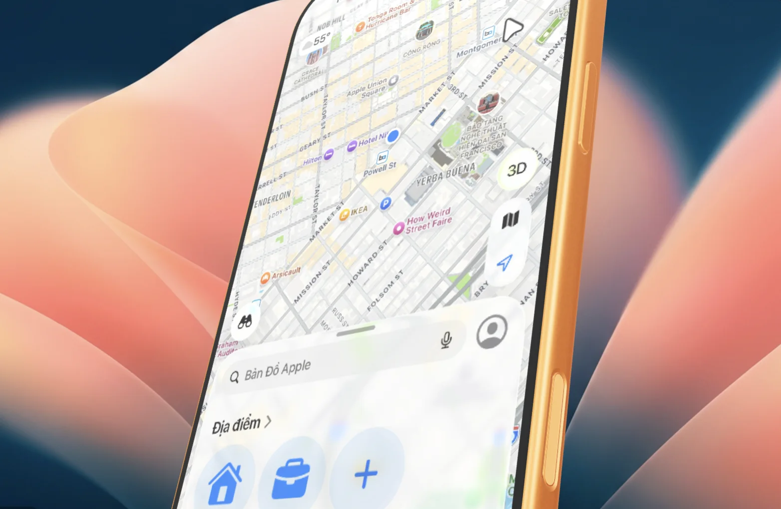 3D iPhone 17 Pro Max mockup in Cosmic Orange, tilted, showing a map app