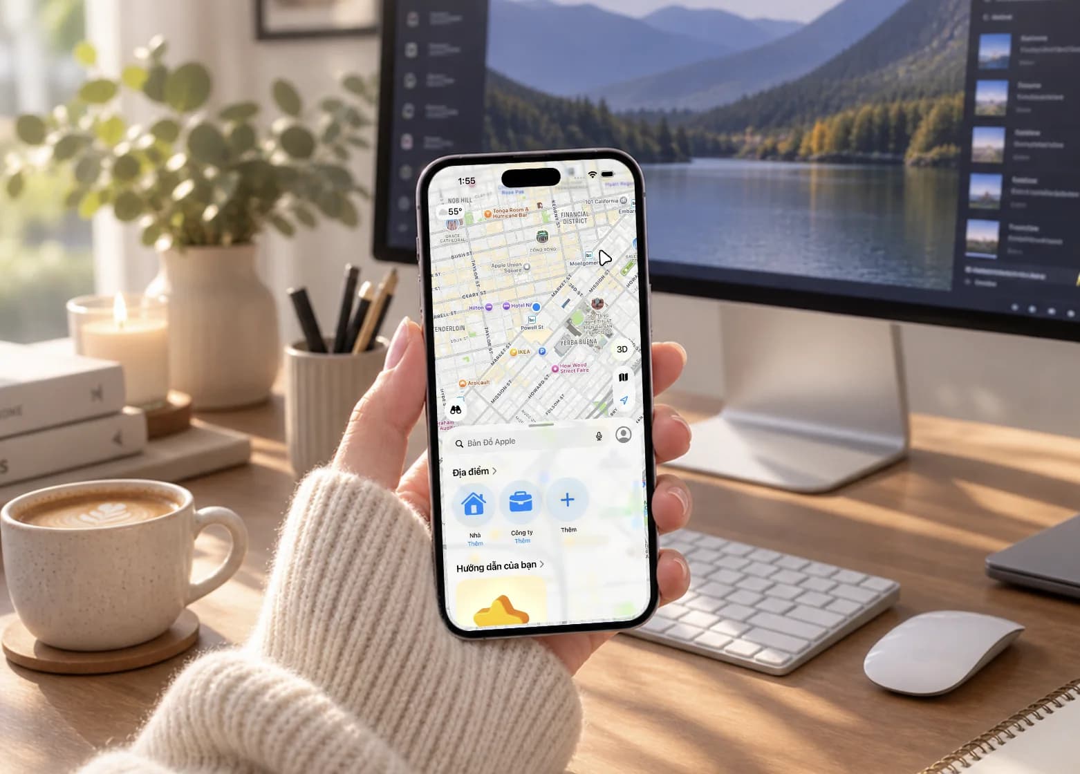 iPhone mockup made in Screenify Studio: an app screen in a phone held over a desk