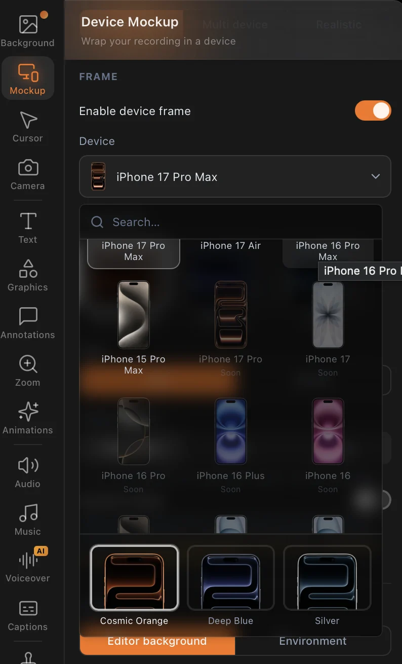 Device picker in Screenify Studio listing iPhone models with Cosmic Orange, Deep Blue and Silver finishes