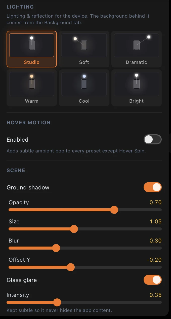 3D device settings in Screenify Studio: six lighting presets, hover motion, ground shadow and glass glare sliders