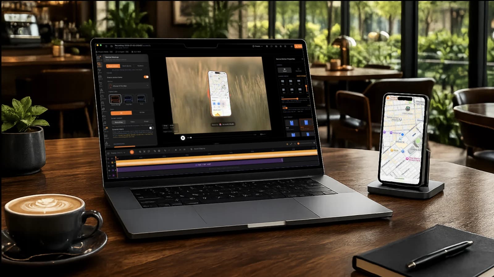 Real-photo mockup in a café: a MacBook showing the Screenify editor and an iPhone on a stand showing a map app