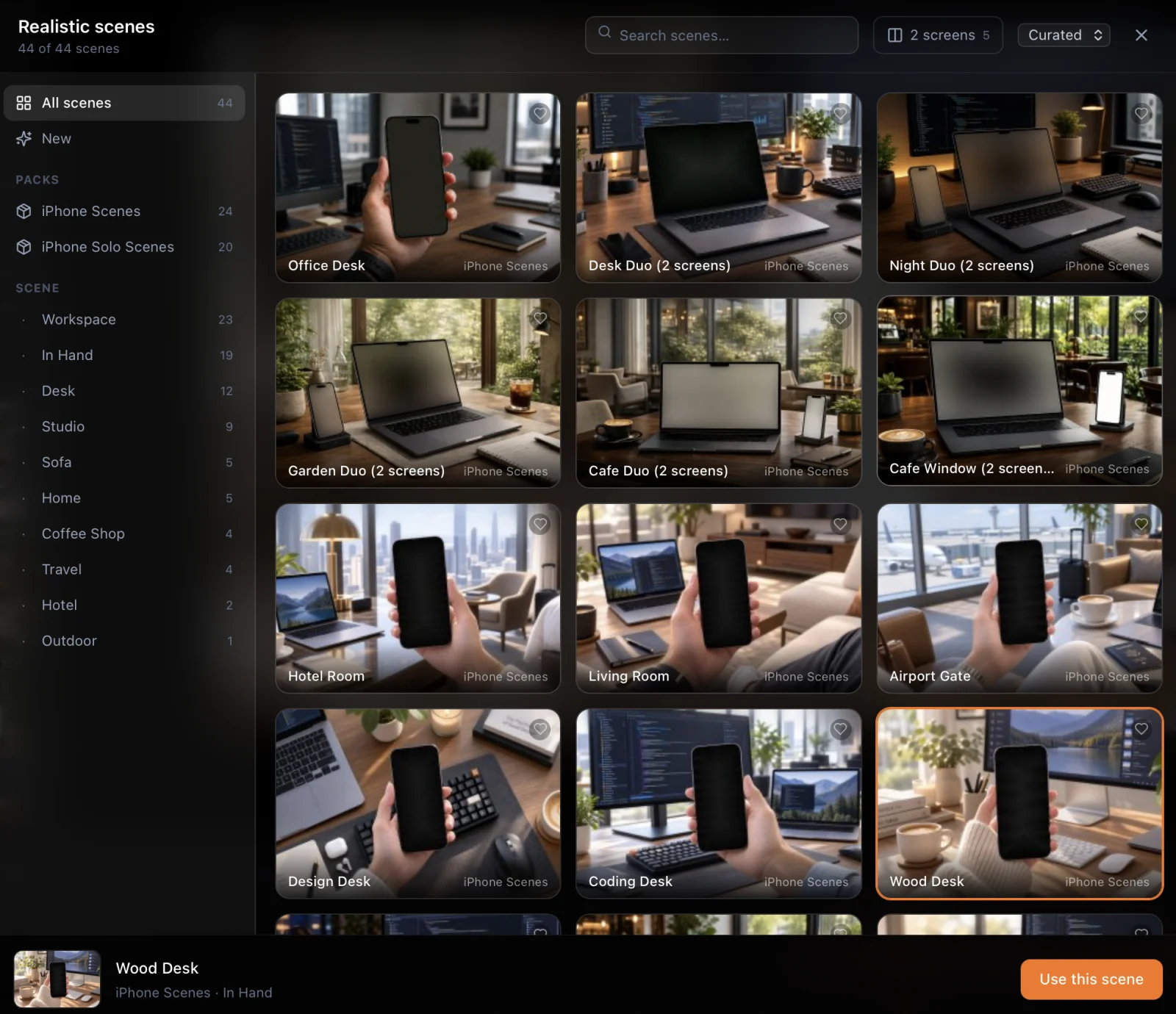 Realistic scenes library in Screenify Studio with packs, scene filters and photos of phones in hand and laptops on desks